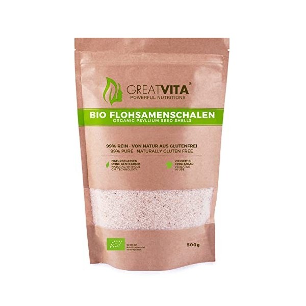 Coques de psyllium biologique MeaVita, pures à 99 %, 1 x 500 g Coques de psyllium indien, riches en fibres et végétaliennes