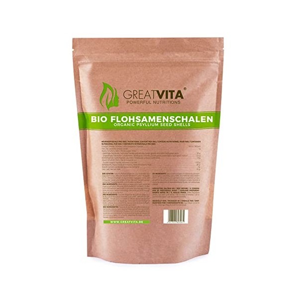 Coques de psyllium biologique MeaVita, pures à 99 %, 1 x 500 g Coques de psyllium indien, riches en fibres et végétaliennes