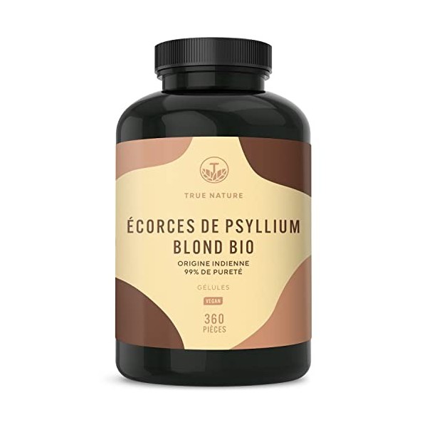 Psyllium Blond BIO - 99% pureté - 4500mg par jour - 360 gélules 750mg véganes - Origine : Inde - 88% teneur en fibres - Tes