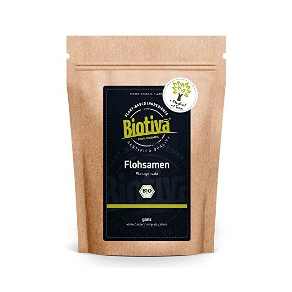 Biotiva Psyllium bio 1kg, entier - Pureté 99% - Sachet fraîcheur refermable - Sans lactose, sans gluten, végan - Conditionné 