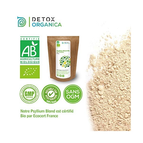 Detox Organica Psyllium Blond Bio Poudre-Tégument de psyllium Organic-500 g - Végétal Riche en Fibres 100% Naturel et Vegan