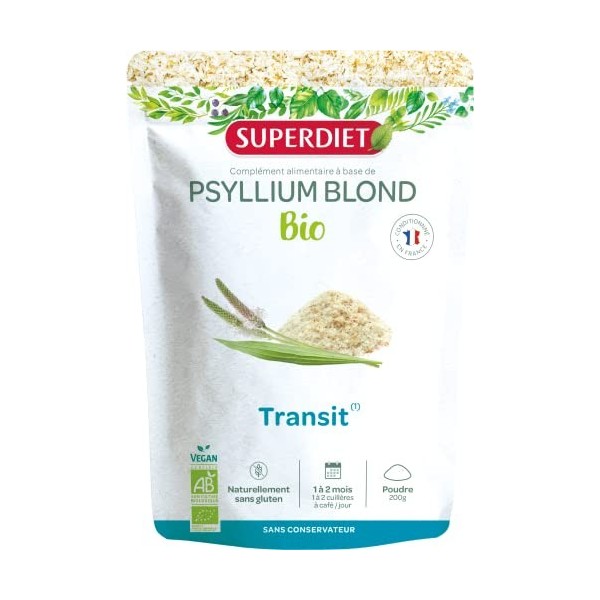 SUPERDIET - PSYLLIUM BLOND BIO - Transit naturel, Bien-être digestif- Fabriqué en France- Sachet papier refermable - Tégument