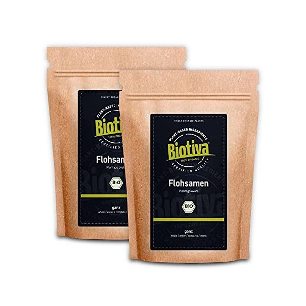 Biotiva Psyllium Bio 2kg, entier - 2kg 2x1kg en sachet zippé - pureté 99% - riche en fibres - qualité supérieure - Mis en b