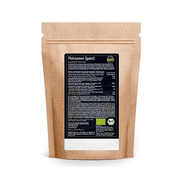 Biotiva Psyllium Bio 2kg, entier - 2kg 2x1kg en sachet zippé - pureté 99% - riche en fibres - qualité supérieure - Mis en b