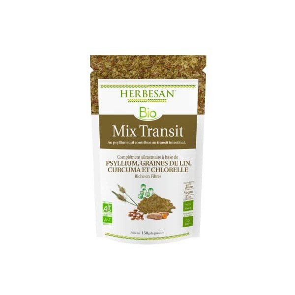 HERBESAN®-MIX TRANSIT BIO -Psyllium, Graines de lin, Curcuma, Chlorelle- Transit naturel - Sachet en Papier refermable -Poudr