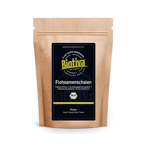 Biotiva Psyllium en poudre Bio 500g - moulu - qualité alimentaire - Psyllium - riche en fibres alimentaires - Mis en bouteill