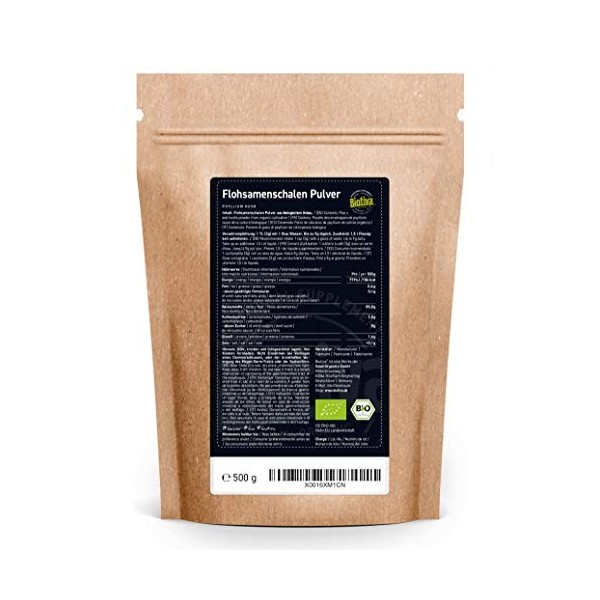 Biotiva Psyllium en poudre Bio 500g - moulu - qualité alimentaire - Psyllium - riche en fibres alimentaires - Mis en bouteill