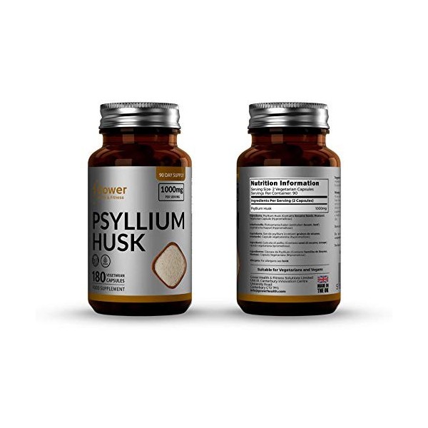 GH Psyllium Capsules | 180 Psyllium Husk Gelules Végétaliennes - 1000mg par Dose | Supplément Riche en Fibres | Fabriqué dans