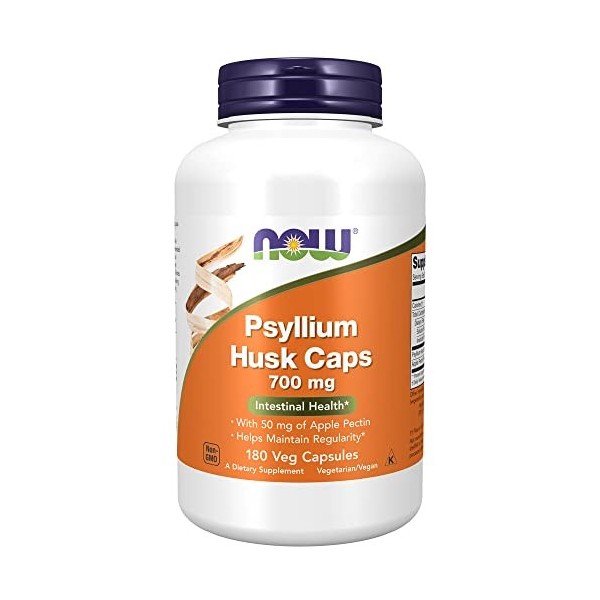 Now Foods, Psyllium Husk, Peau de Psyllium, 700mg, avec Pectine de Pomme, 180 Capsules végétaliennes, Testé en Laboratoire, S