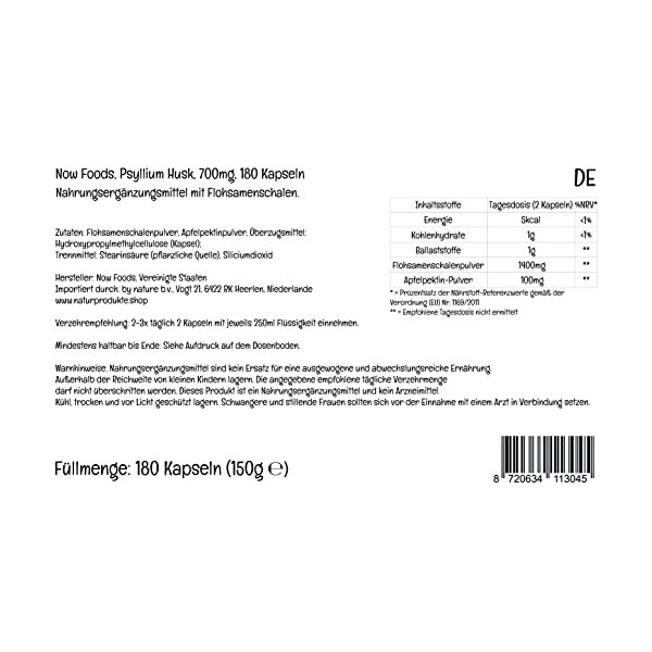 Now Foods, Psyllium Husk, Peau de Psyllium, 700mg, avec Pectine de Pomme, 180 Capsules végétaliennes, Testé en Laboratoire, S