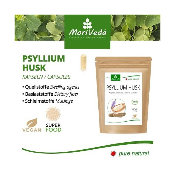 MoriVeda® Capsules de cosse de psyllium MoriVeda® I Apport mensuel I Digestion, détoxification, santé intestinale I 120 capsu