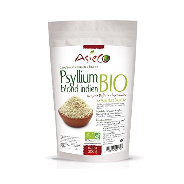 Psyllium Blond Bio Indien Sachet de 200g - Spécial Transit - Produit de Qualité Issu de lAgriculture Biologique - Asieco