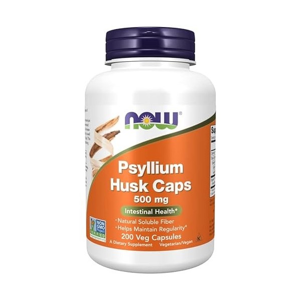 Now Foods, Psyllium Husks Tégument de Psyllium , 500mg, 200 Capsules végétaliennes, Testé en Laboratoire, Sans Soja, Sans Gl