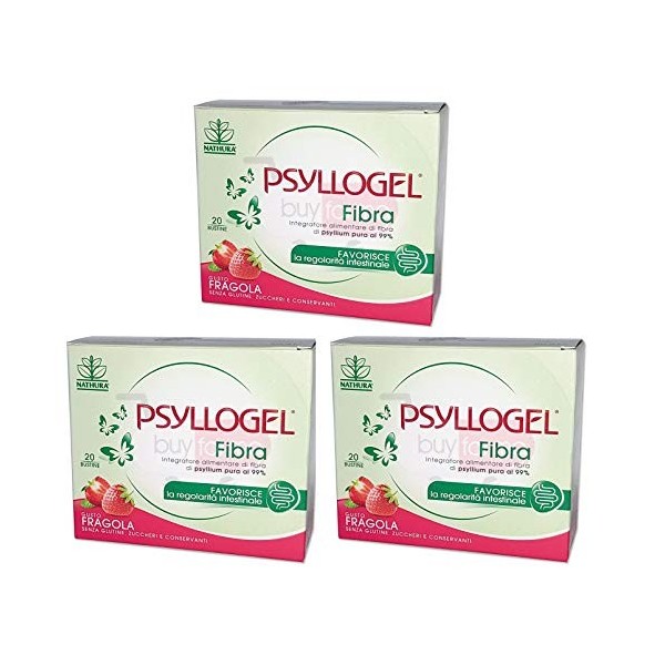 BUYFARMA PROMO Pack - 3 Psyllogel fibre de Psyllium pure à 99 % Goût fraise - Favorise la régularité intestinale - 60 sachets