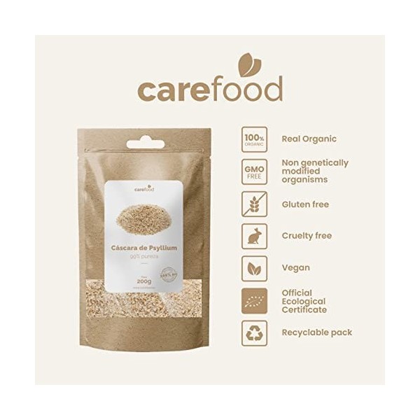 Carefood - Cosse de Psyllium 99% Pure Bio - 100% Biologique Sans Gluten Vegan - Meilleure Digestion et Effet Satiétant - Sour