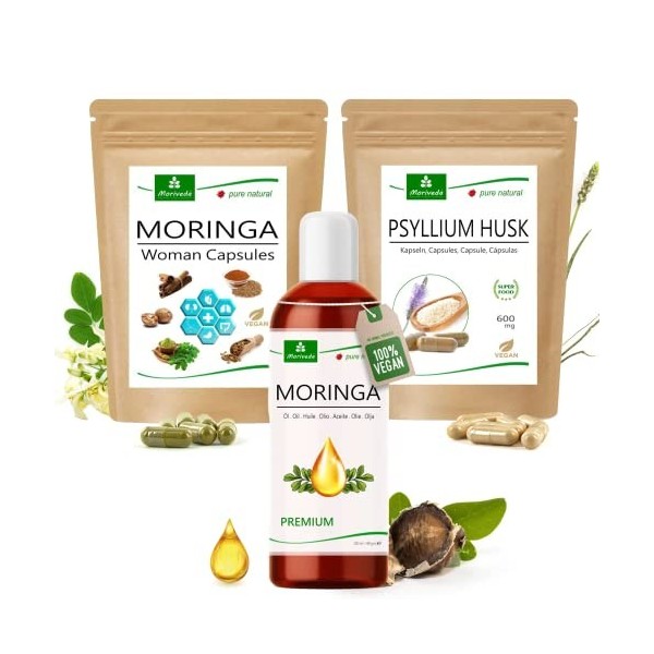 MoriVeda® Ensemble de produits "Girl Power" | Capsules Psyllium Husk, Capsules Moringa Femme, Huile de Moringa Premium | vita