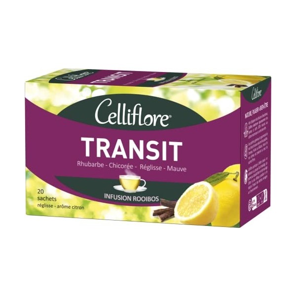 CELLIFLORE - Infusion Transit - A Base De Rhubarbe, Chicorée, Réglisse, Mauve - Saveur Citron & Réglisse - 20 Sachets