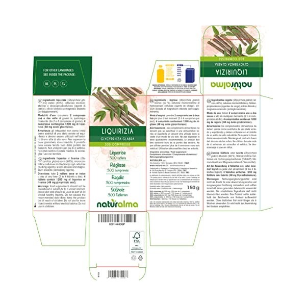 Réglisse Glycyrrhiza glabra racines Naturalma | 150 g | 300 comprimés de 500 mg | Complément alimentaire | Naturel et Végét