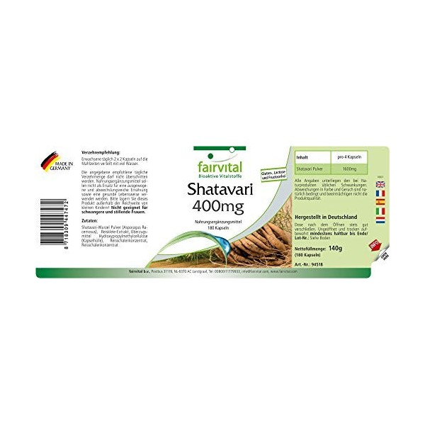 Fairvital | Shatavari 400mg - 180 gélules - Asparagus racemosus - Énergie Ayurveda pour la santé de la femme