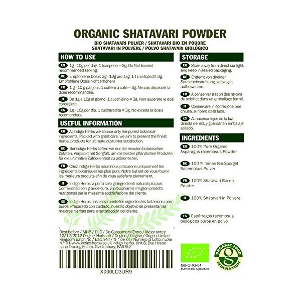Shatavari Bio en poudre - 100g Certifié Biologique 