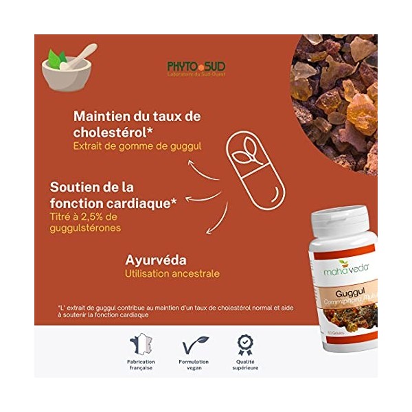 GUGGUL - Extrait de Guggul titré en guggulstérones - Cholestérol et Fonction Cardiaque - Complément Alimentaire Vegan - Dosag