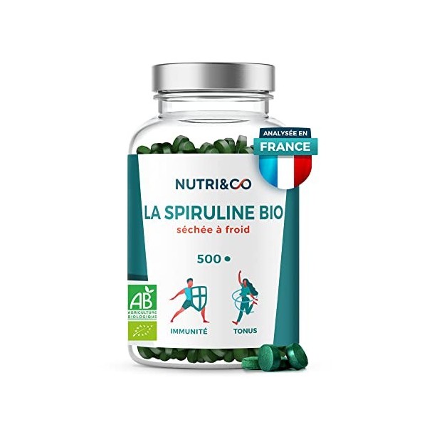 Spiruline BIO - Jusquà 19% de Phycocyanine - Riche en Protéines Vitamine B12 Antioxydant - Immunité - 500 comprimés de 500 m