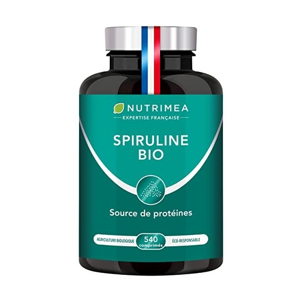 Spiruline BIO - Sans Excipients & OGM - 19% de Phycocyanine - Riche en Protéines, Fer & Antioxydants - Nutrimea - 540 Comprim