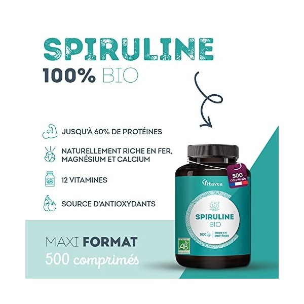 Spiruline Bio - Maxi Format 500 comprimés de 500 mg - Riche en Protéines, Phycocyanine, Fer, Antioxydants, Vitamines - Immuni