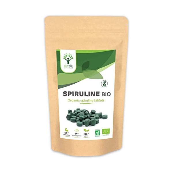 Spiruline Bio - Bioptimal - Complément alimentaire - BCAA Fer Vitamine A - 65% de Protéine - 17% de Phycocyanine - 500 mg/com