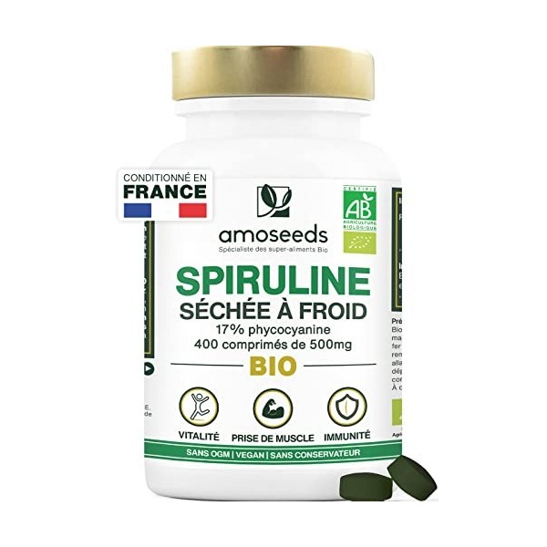 Spiruline BIO Extra Forte, 4500mg par jour | Jusquà 19% Phycocyanine, Séchée à froid | 400 comprimés vegan de 500mg | Vitami