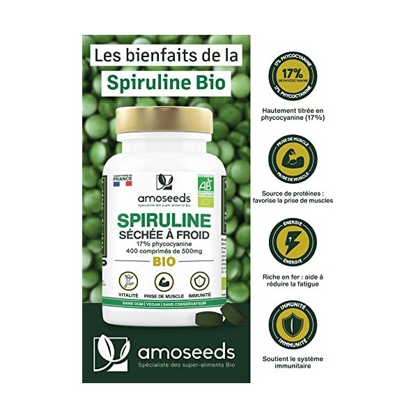 Spiruline BIO Extra Forte, 4500mg par jour | Jusquà 19% Phycocyanine, Séchée à froid | 400 comprimés vegan de 500mg | Vitami