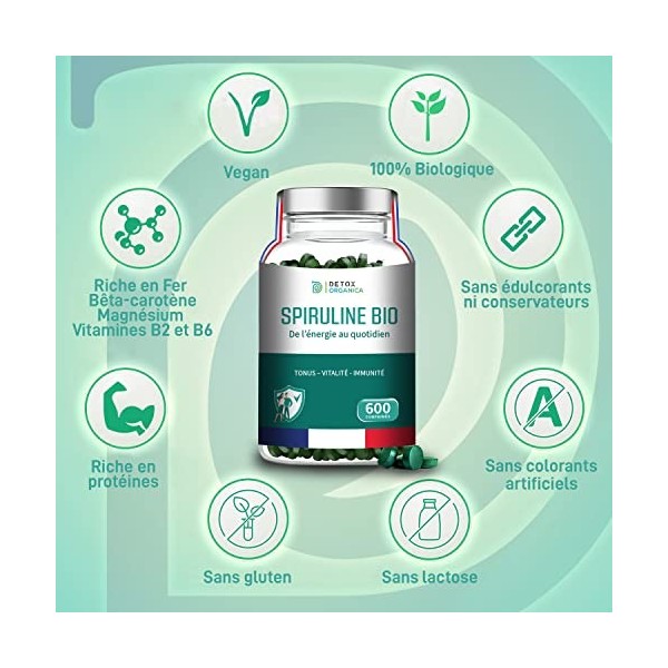 Spiruline BIO 500mg - 600 Comprimés Riche en Protéines, Antioxydants et Fer - Taux Elevé de Phycocyanine - 100% Vegan et Is