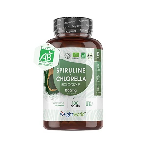Spiruline et Chlorella Bio - 180 Gélules Vegan, 1500 mg/jour - 750mg Spiruline + 750mg Chlorella, Dosage Puissant, Riche en F