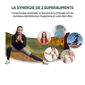 Spiruline et Chlorella Bio - 180 Gélules Vegan, 1500 mg/jour - 750mg Spiruline + 750mg Chlorella, Dosage Puissant, Riche en F