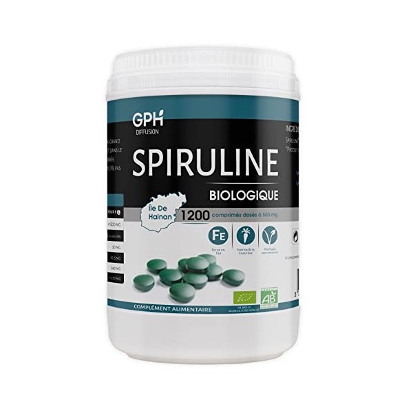 Spiruline Bio AB 500 mg -1200 comprimés - Riche en Protéines, Phycocyanine, Chlorophylle, Caroténoïde et Fer - GPH Entreprise