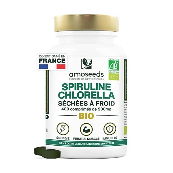 Spiruline et Chlorella BIO | 400 comprimés vegan de 500mg | 4500mg par jour | 17% Phycocyanine, Séchées à Froid | Détox, Anti