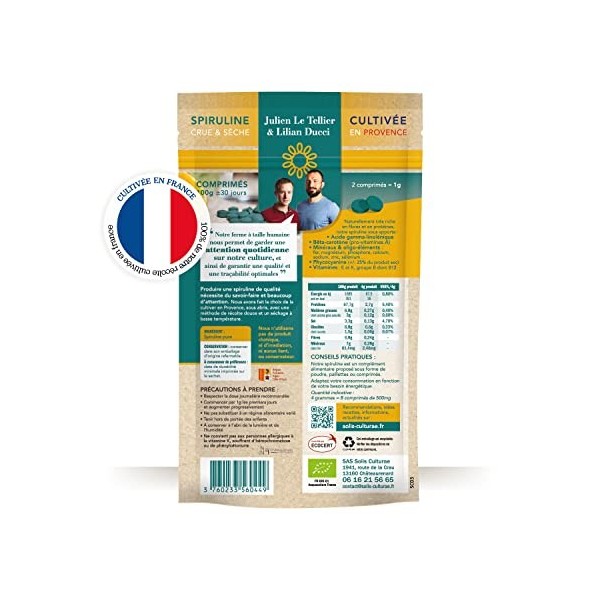 Spiruline bio AB française / 1 sachet 100g soit 200 comprimés 100% spiruline / 30 jours de cure/Renforce limmunité/Riche en 