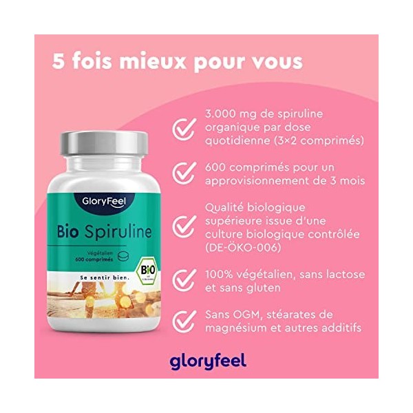 Spiruline Bio, 600 Comprimés, 26% Phycocyanine, 3000mg par Dose Quotidienne, Spiruline de lAlgue Pure Durable, Super Aliment