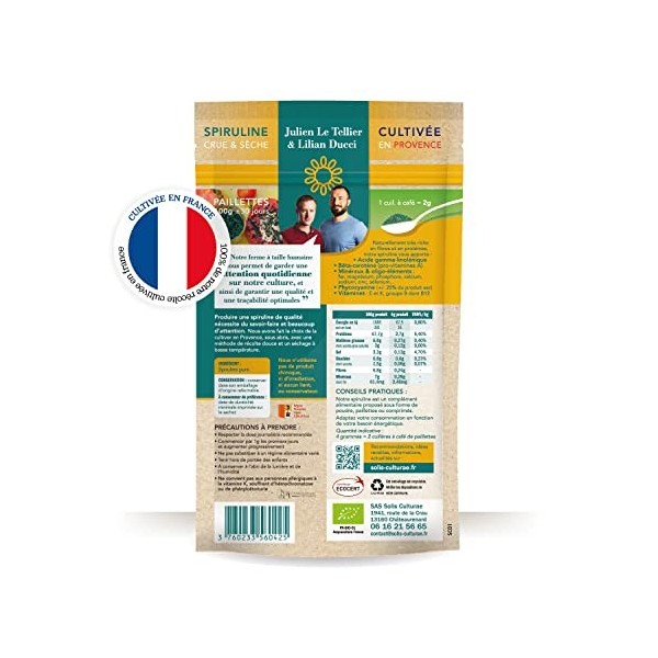 Spiruline bio AB française / 1 sachet 100g en paillettes / 30 jours de cure/Renforce limmunité/Riche en fer/Puissant antioxy