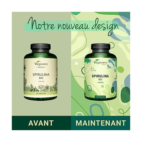 Spiruline BIO Vegavero® | 1000 MG par Comprimé | Avec Phycocyanine | Sans Additifs & Sans OGM | 3 mois | Fatigue + Antioxydan