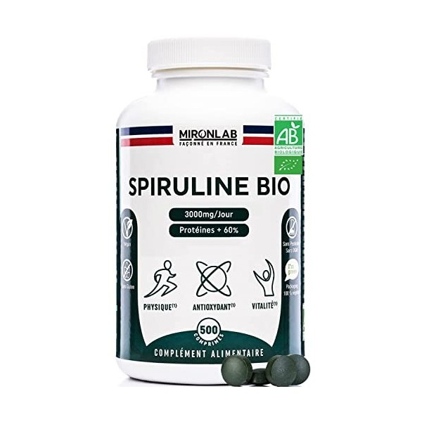 Spiruline Bio Comprimés | Dosage optimal testé 3000mg/jour | Riche en Protéines Végétales 60%, antioxydant, phycocyanine, vit