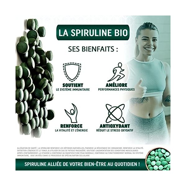 Spiruline Bio Comprimés | Dosage optimal testé 3000mg/jour | Riche en Protéines Végétales 60%, antioxydant, phycocyanine, vit