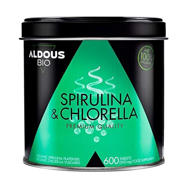 Spiruline et Chlorella BIO pour 6 Mois de Cure | 600 Comprimés de 500mg | Proteine Vegan - Vitamine B12 - Phycocyanine - Miné