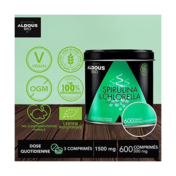 Spiruline et Chlorella BIO pour 6 Mois de Cure | 600 Comprimés de 500mg | Proteine Vegan - Vitamine B12 - Phycocyanine - Miné