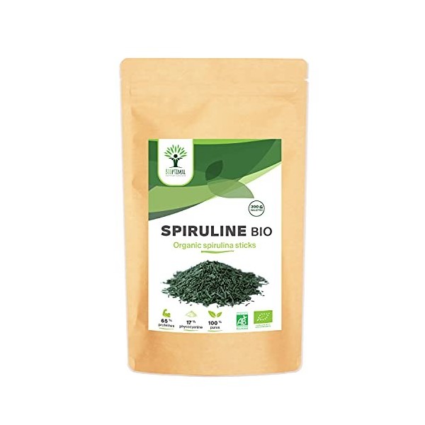 Spiruline Bio Paillette - Protéines BCAA Phycocyanine - Energie Immunité - 100% Spiruline Pure en Paillettes Brindilles - Bio