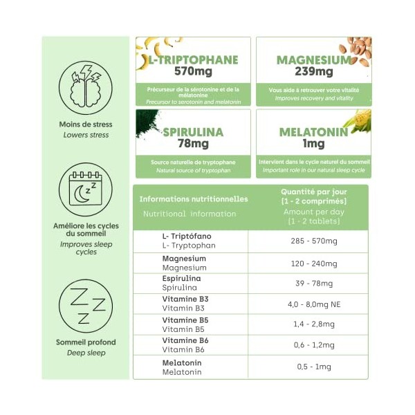 Mélatonine + Tryptophane de Qualité Pharmaceutique | Produit Haute Puissance | Sommeil Parfait, Énergie, Concentration, Bien-