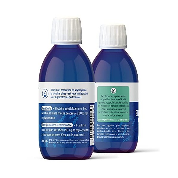 Performe - Spiruline Liquide Bleue + • Hautement Concentrée en Phycocyanine à 6000 mg/l • Cure 20 jours • Endurance et Récupé