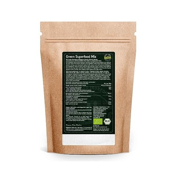 Biotiva Green Superfood Mix poudre bio 400g - herbe dorge, herbe de blé, spiruline, chlorella, moringa, racine de pissenlit,