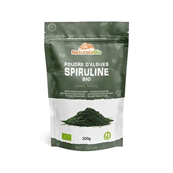 Algues Spiruline Bio en Poudre 200g. Naturelle et Pure, Cultivée en Inde, Tamil Nadu. Idéale dans boissons et smoothies ou Re