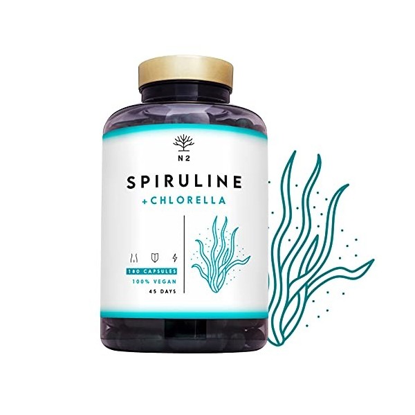 Spiruline Chlorella Gelules Teneur Élevée en Fer, Chlorophylle et proteine vegan. Phycocyanine | Anti Fatigue Vitamine | 2244